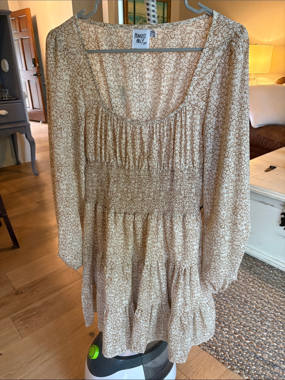 Princess Polly Cream and Brown Floral Smocked Tiered Mini Dress